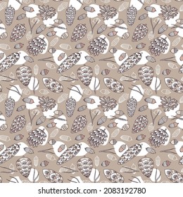 Seamless vector pattern for decor, wallpaper and fabric. Doodle illustration with pine cones and acorns