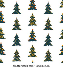 Seamless vector pattern of decorated Christmas trees on a white background. Template for printing wrapping paper for holiday gifts, backgrounds and wallpapers.