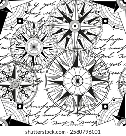 Seamless vector pattern with decorated compasses, marine objects, antique navigational devices. Vintage transportation and old adventures concept. No foreign language, all symbols are fictional