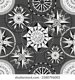 Seamless vector pattern with decorated compasses, sea marine objects and symbols, antique navigational devices. Vintage transportation and old adventures concept 