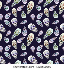 Seamless vector pattern with decorated skulls. For design on the theme - a traditional Mexican holiday Day of the Dead.
