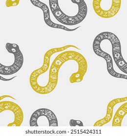 Seamless vector pattern decorated snake with Ukrainian embroidery, the animal symbol of 2025. Simple doodle style. Grid