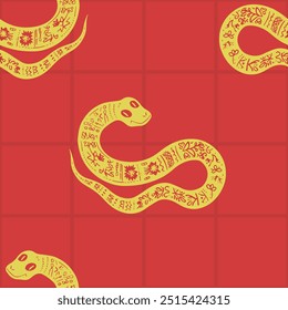 Seamless vector pattern decorated snake with Ukrainian embroidery, the animal symbol of 2025. Simple doodle style. Grid