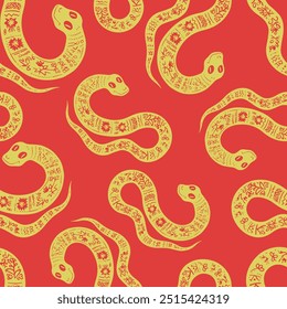 Seamless vector pattern decorated snake with Ukrainian embroidery, the animal symbol of 2025. Simple doodle style. Grid