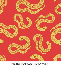 Seamless vector pattern decorated snake with Ukrainian embroidery, the animal symbol of 2025. Simple doodle style. Grid