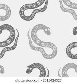 Seamless vector pattern decorated snake with Ukrainian embroidery, the animal symbol of 2025. Simple doodle style. Grid