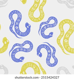 Seamless vector pattern decorated snake with Ukrainian embroidery, the animal symbol of 2025. Simple doodle style. Grid