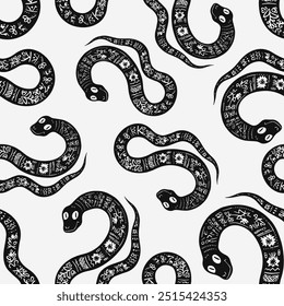 Seamless vector pattern decorated snake with Ukrainian embroidery, the animal symbol of 2025. Simple doodle style. Grid