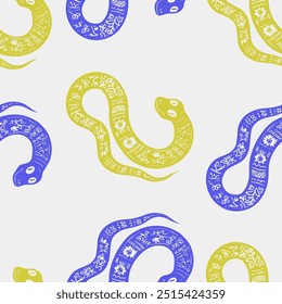 Seamless vector pattern decorated snake with Ukrainian embroidery, the animal symbol of 2025. Simple doodle style. Grid