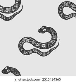 Seamless vector pattern decorated snake with Ukrainian embroidery, the animal symbol of 2025. Simple doodle style. Grid