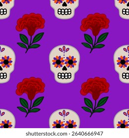 Seamless vector pattern of decorated sugar skulls and red flowers on a vibrant purple background, ideal for Day of the Dead celebrations or Halloween designs.
