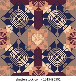 Seamless vector pattern with decorative abstract shapes in squares. The design is suitable for decorations, textiles, stickers, backgrounds. 