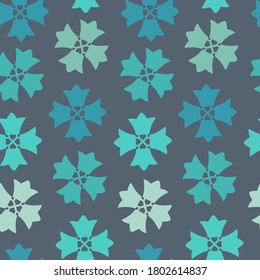 Seamless vector pattern of decorative abstract blue flower shapes on grey
