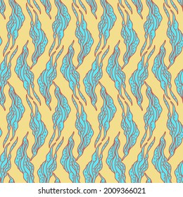 Seamless vector pattern with decorative abstract wavy shapes in lines in blue on yellow background. The design is suitable for decorations, textiles, stickers, backgrounds. 