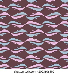 Seamless vector pattern with decorative abstract wavy shapes in lines in pastel tones on dark purple. The design is suitable for decorations, textiles, stickers, backgrounds. 