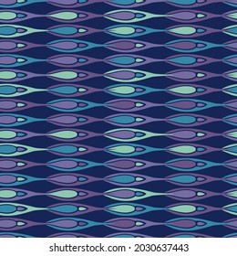 Seamless vector pattern with decorative abstract wavy shapes in lines in dark blue tones. The design is suitable for decorations, textiles, stickers, backgrounds. 