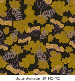 Seamless vector pattern of decorative autumn botanical berries and leaves in pastel orange tones. Perfect for decorations, textiles, advertisements, surfaces, wrapping paper