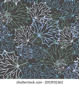 Seamless vector pattern of decorative autumn botanical leaves in dark cold tones. Perfect for decorations, textiles, advertisements, surfaces, wrapping paper