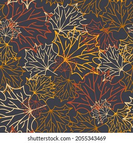Seamless vector pattern of decorative autumn botanical leaves in pastel orange tones on dark background. Perfect for decorations, textiles, advertisements, surfaces, wrapping paper
