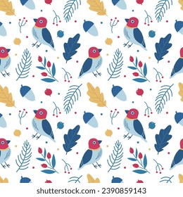 seamless vector pattern of decorative birds, acorns, oak leaves, berries in a flat style. Blue and red colors. For packaging, design