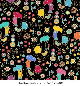 Seamless vector pattern with decorative birds - "Portugal rooster - Barcelos"