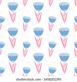 seamless vector pattern with decorative blue flowers and pink leaves, dots, abstract shapes on a white background, botanical illustration for paper, textile, postcards
