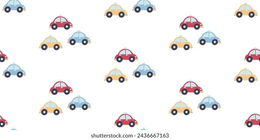 Seamless vector pattern with decorative cars on a white background. Children's seamless pattern for printing on fabric and paper, children's wallpaper.