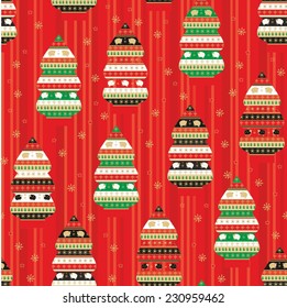 Seamless vector pattern with decorative christmas trees, white golden and black sheeps  on red background