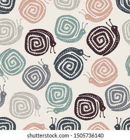 Seamless vector pattern with decorative colorful snails. The design is suitable for children clothes, wallpaper, stationary, sheets as well as for wrapping paper. 