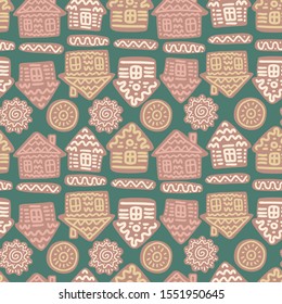 Seamless vector pattern with decorative colorful gingerbread town for Christmas. The design is suitable for new year decorations, presents or wrapping paper. 