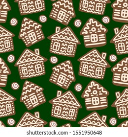 Seamless vector pattern with decorative colorful gingerbread town for Christmas. The design is suitable for new year decorations, presents or wrapping paper. 