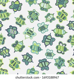 Seamless vector pattern with decorative colorful insects green bugs and bees in green tones. The design is perfect for children clothes, wallpaper, stationary, sheets as well as for wrapping paper