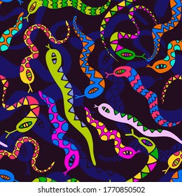 Seamless vector pattern with decorative colorful gummy snakes in bright colors on dark background. The design is perfect for backgrounds, packages, wrapping paper, wallpaper, textiles, sheets