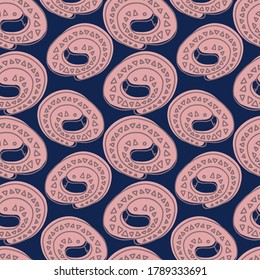 Patrón vectorial sin foco con adorno decorativo colorido con serpientes circulares sobre fondo azul. El diseño es perfecto para fondos, paquetes, papel de envoltura, papel tapizado, textiles, sábanas