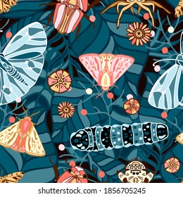 Seamless vector pattern with decorative colorful insects green bugs, worms and butterflies. The design is perfect for children clothes, wallpaper, stationary, sheets as well as for wrapping paper