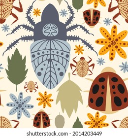Seamless vector pattern with decorative colorful cartoon retro bugs and flowers. The design is perfect for children clothes, wallpaper, stationary, sheets as well as for wrapping paper