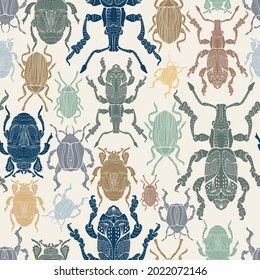 Seamless vector pattern with decorative colorful cartoon retro bugs in pastel tones. The design is perfect for children clothes, wallpaper, stationary, sheets, wrapping paper