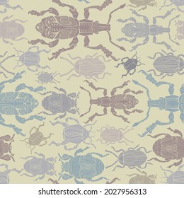 Seamless vector pattern with decorative colorful cartoon retro bugs in pastel tones. The design is perfect for children clothes, wallpaper, stationary, sheets, wrapping paper