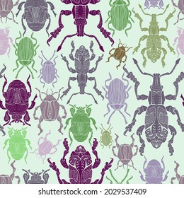 Seamless vector pattern with decorative colorful cartoon retro bugs in pastel tones. The design is perfect for children clothes, wallpaper, stationary, sheets, wrapping paper