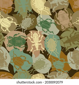 Seamless vector pattern with decorative colorful cartoon retro bugs on leaves. The design is perfect for children clothes, wallpaper, stationary, sheets as well as for wrapping paper