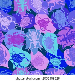 Seamless vector pattern with decorative colorful cartoon retro bugs on leaves in blue and purple tones. The design is perfect for children clothes, wallpaper, stationary, sheets, for wrapping paper