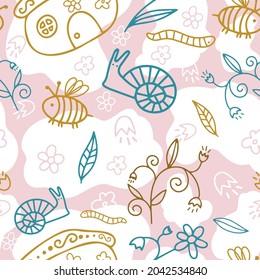 Seamless vector pattern with decorative colorful insects green bugs, worms and butterflies in boho colors. The design is perfect for children clothes, wallpaper, stationary, sheets, wrapping paper