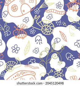 Seamless vector pattern with decorative colorful insects bugs, worms and butterflies in pastel tones. The design is perfect for children clothes, wallpaper, stationary, sheets, wrapping paper