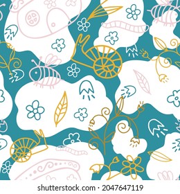 Seamless vector pattern with decorative colorful insects green bugs, worms and butterflies in boho colors. The design is perfect for children clothes, wallpaper, stationary, sheets, wrapping paper