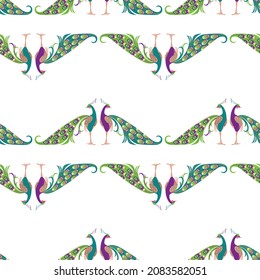 Seamless vector pattern of decorative colorful cartoon peacocks in rows