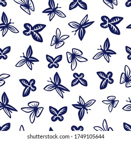 Seamless vector pattern decorative design of cute blue butterflies on white background. The design is perfect for textiles, wallpapers, wrapping paper, surfaces, advertisements, backgrounds. 