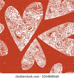 seamless vector pattern of decorative doodle ornamental heart with hand drawn objects and textured background. great for valentine gift packaging and wrapping paper, background, wallpaper and other 