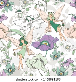 Seamless vector pattern with decorative elegant flowers and elves