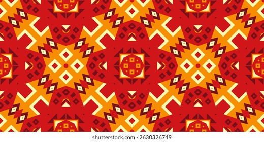 Seamless vector pattern with decorative ethnic grid. Bright geometric background in contrast palette. Design for printing on fabrics, textiles, wallpaper, paper and other surfaces.