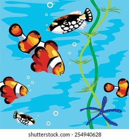 Seamless vector pattern decorative exotic fish, seaweed, starfish and bubbles on background of blue water.